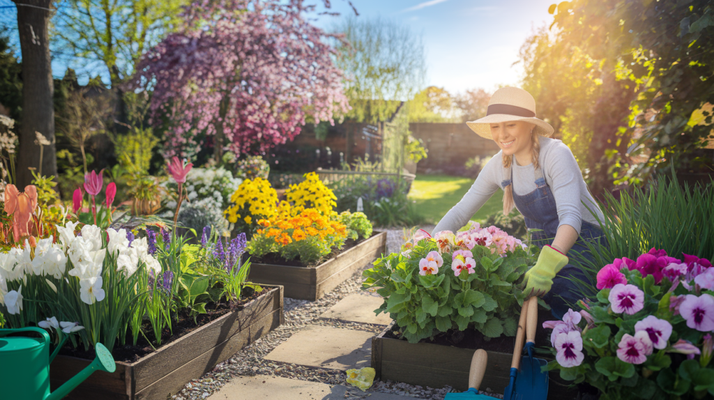 A vibrant spring garden scene bursting with colorful flowers, fresh green foliage, and neatly arranged garden beds. A cheerful gardener, wearing gloves and a sun hat, is tending to plants with tools like a trowel and watering can nearby.