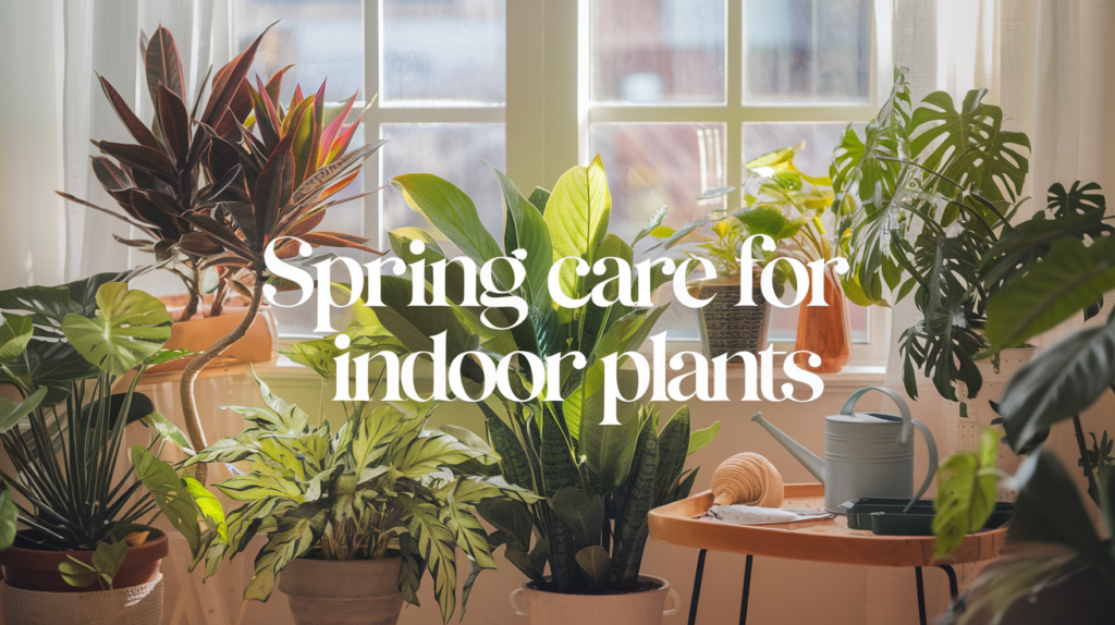 A bright and inviting indoor garden scene showcasing a variety of lush houseplants in different shapes and sizes, basking in warm spring sunlight.