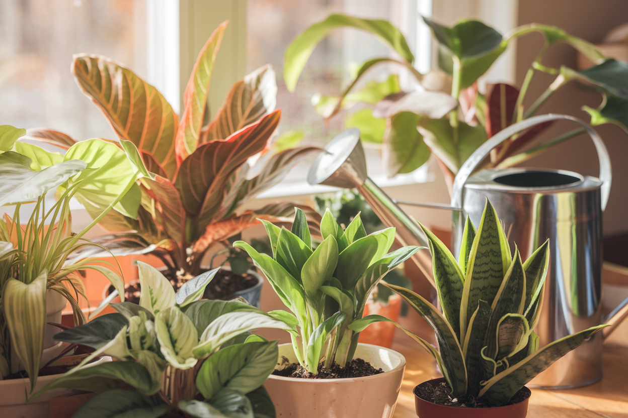 A vibrant indoor plant scene showing houseplants thriving in the warm glow of spring sunlight.