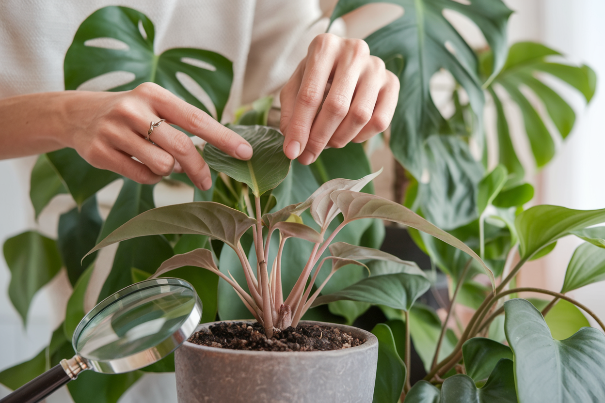 A close-up of a person carefully inspecting a houseplant