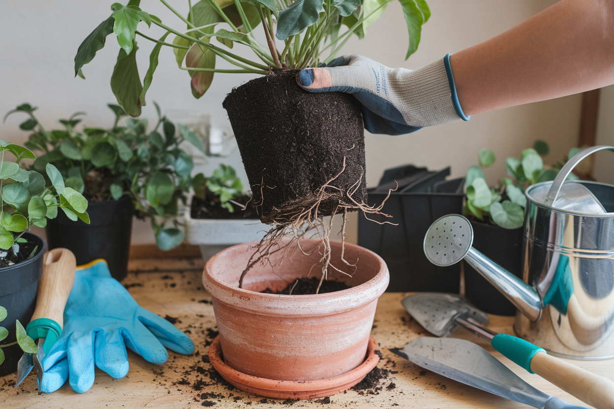 A pair of hands carefully repotting a plant, lifting it from an old pot while roots dangle freely.