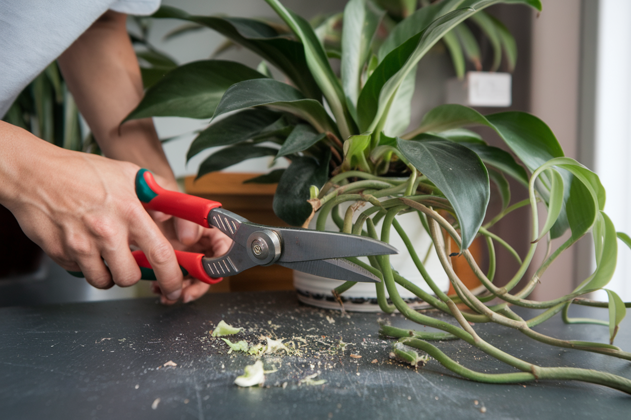 A person using sharp pruning shears to trim away dead or leggy stems from a lush houseplant.