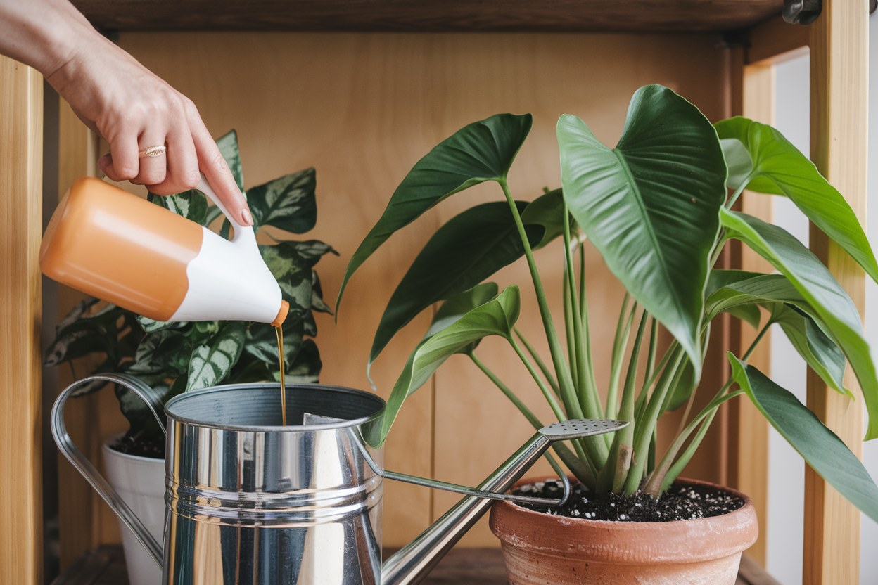 A hand pouring liquid fertilizer into a watering can near a healthy houseplant