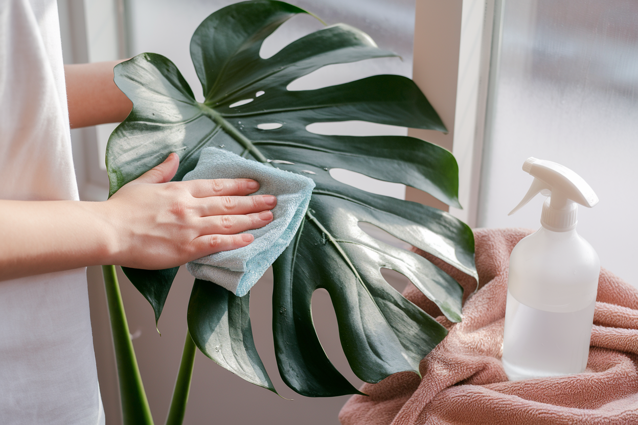 A person gently wiping a large, glossy monstera leaf with a soft, damp cloth. The leaf is shiny and healthy, while a misting bottle and a soft towel sit nearby