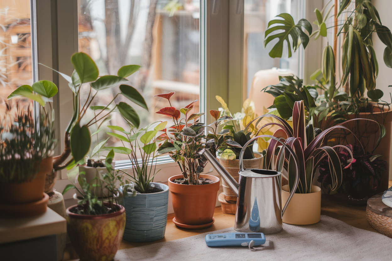 A cozy indoor space filled with plants positioned near a bright window. 