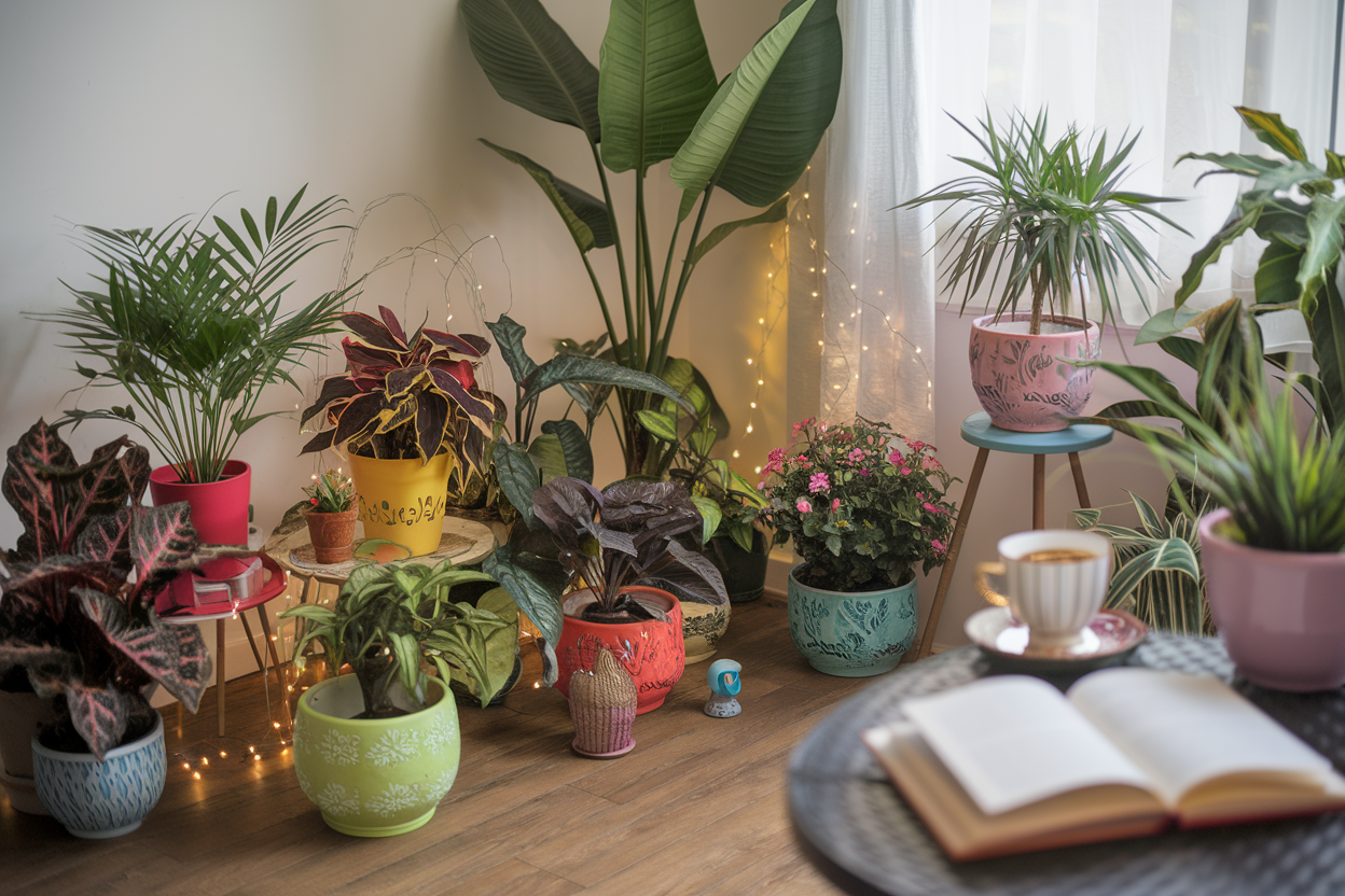 A joyful indoor garden space with a variety of lush plants, colorful pots, and decorative elements like fairy lights or small garden accessories.