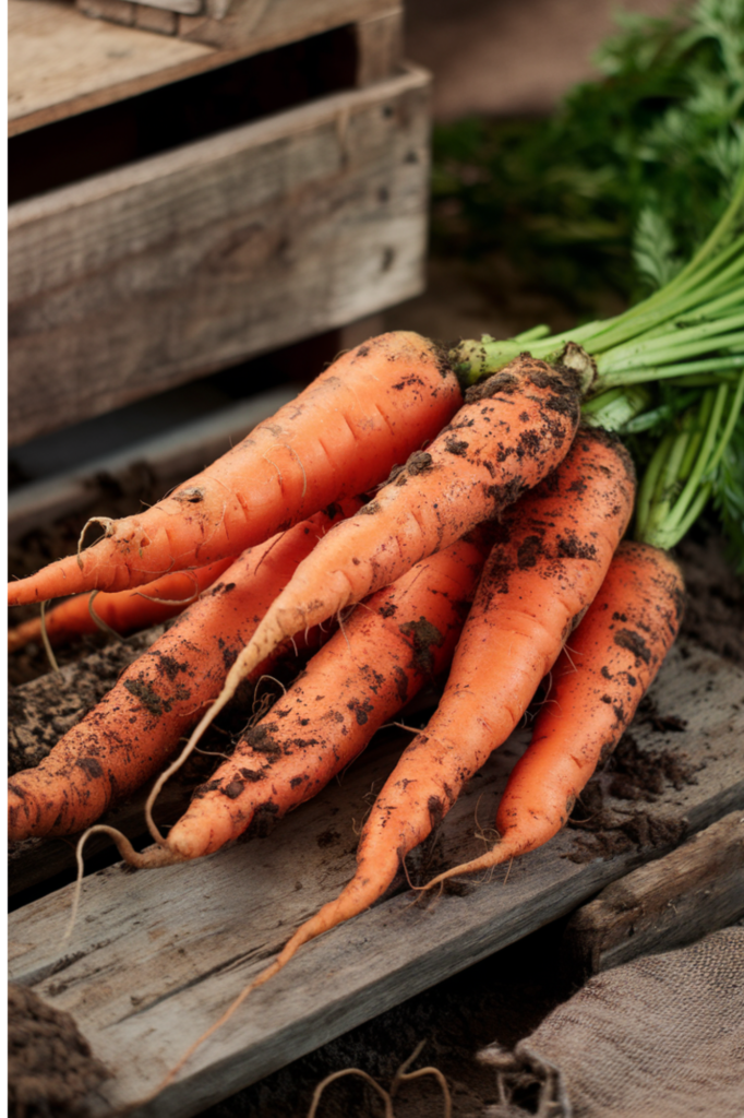 Sweet, crunchy carrots pulled fresh from the earth, their bright orange roots packed with flavor and nutrition.