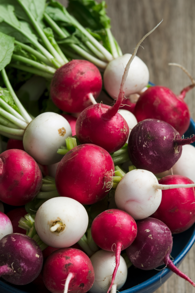 Bright red, white, or purple radishes adding a spicy crunch to fresh summer salads