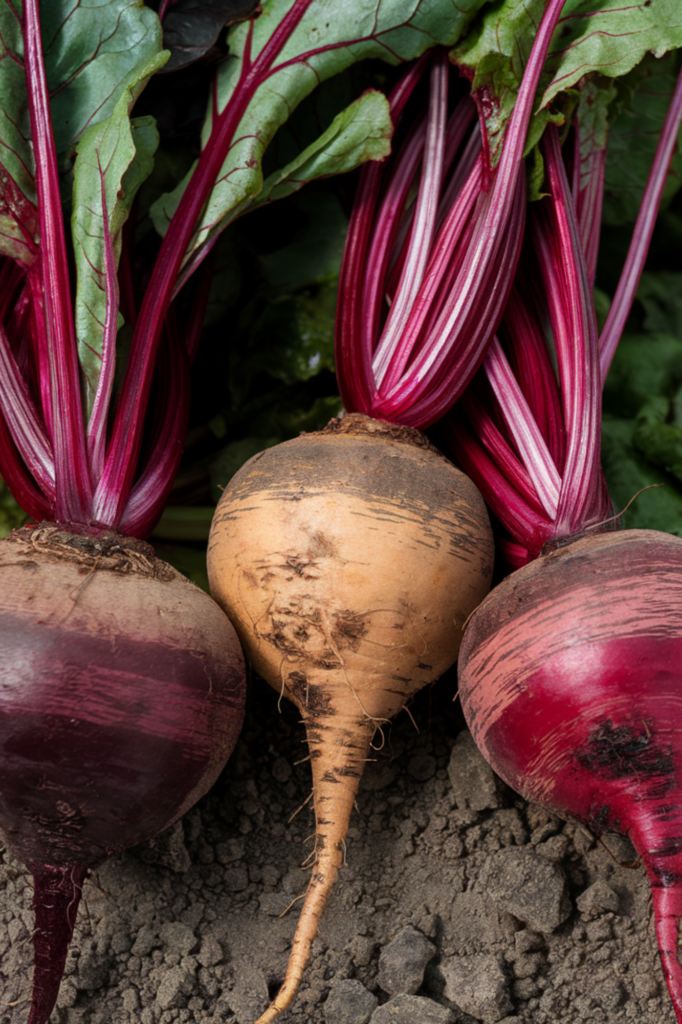 Deep red, golden, or candy-striped beets peeking out from the soil, perfect for roasting, pickling, or adding to a fresh salad.