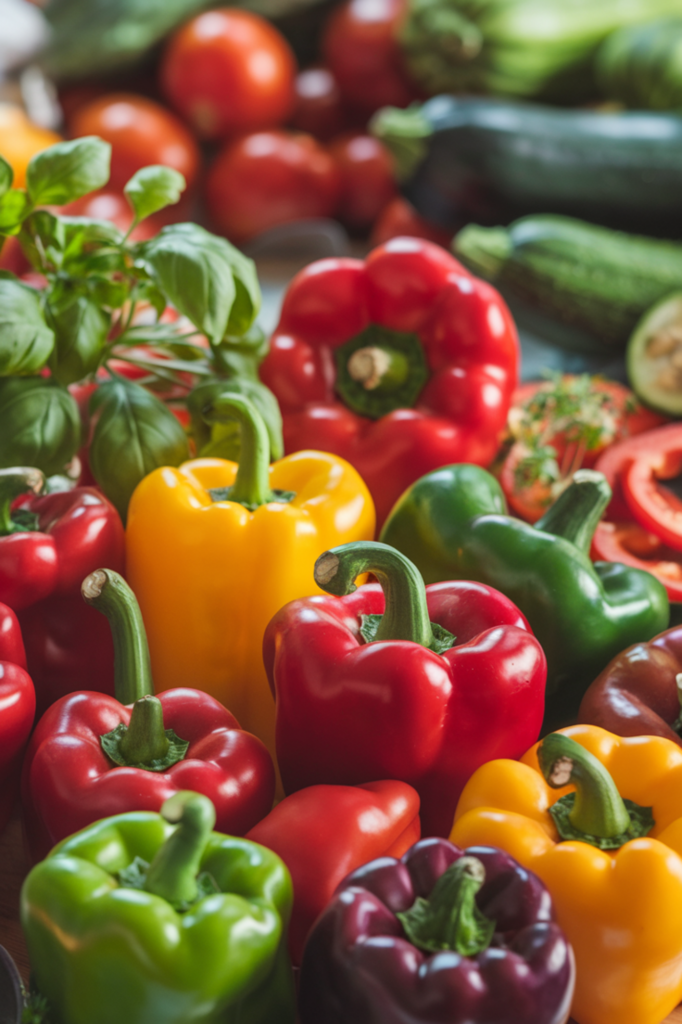 Vibrant red, green, yellow, and even purple peppers adding color and crunch to your favorite summer dishes. Sweet or spicy, they bring a burst of flavor to any meal.