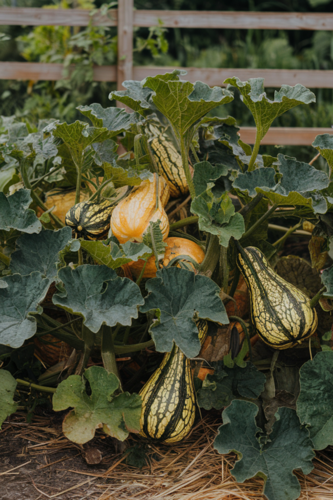 Golden-yellow and deep green squash growing prolifically on bushy plants, ready to be grilled, sautéed, or baked into delicious summer dishes.