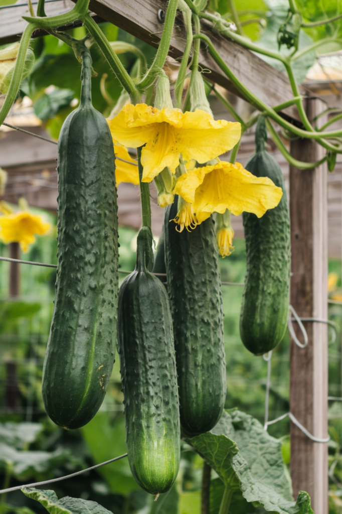 Crunchy cucumbers fresh from the vine, perfect for slicing into salads or pickling for a tangy treat. Their trailing vines and bright yellow flowers add beauty to any garden.