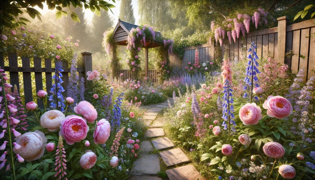 Cottage Core Charm garden with Soft pastels like pink peonies, lilacs, and bluebells with foxgloves, delphiniums, and roses