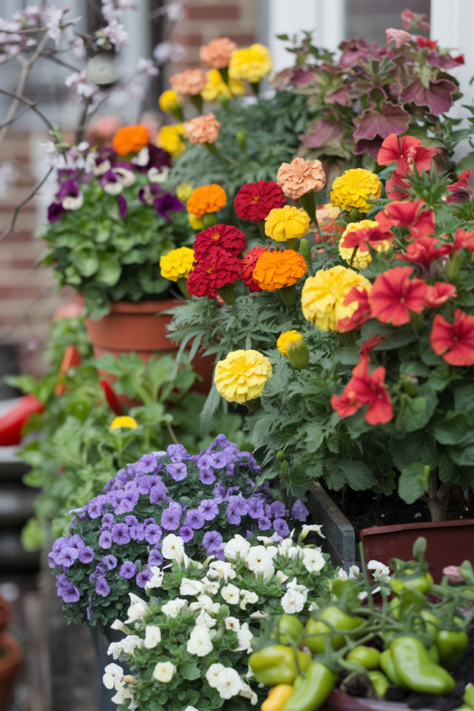 A colorful array of potted flowers and vegetables on a small balcony or patio, with spring blossoms in the background