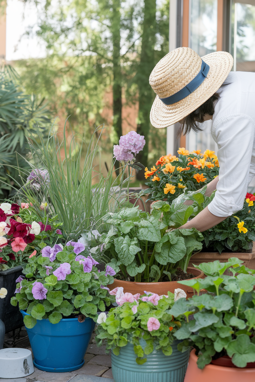 A beautiful, thriving spring container garden with a mix of flowers and vegetables, placed on a small patio or balcony with a person tending to the plants