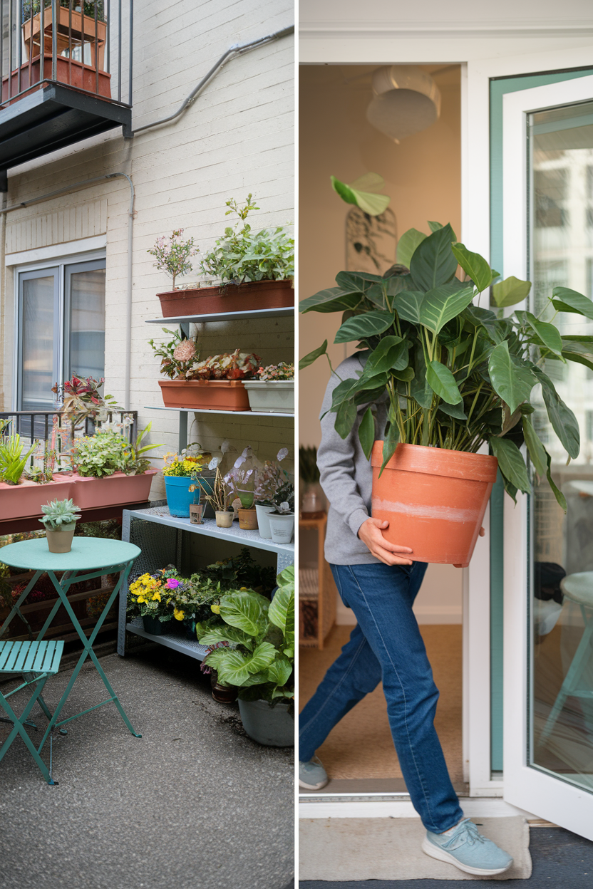 Split image: Left side showing a cramped urban balcony transformed with container plants, right side displaying a person easily moving a potted plant indoors