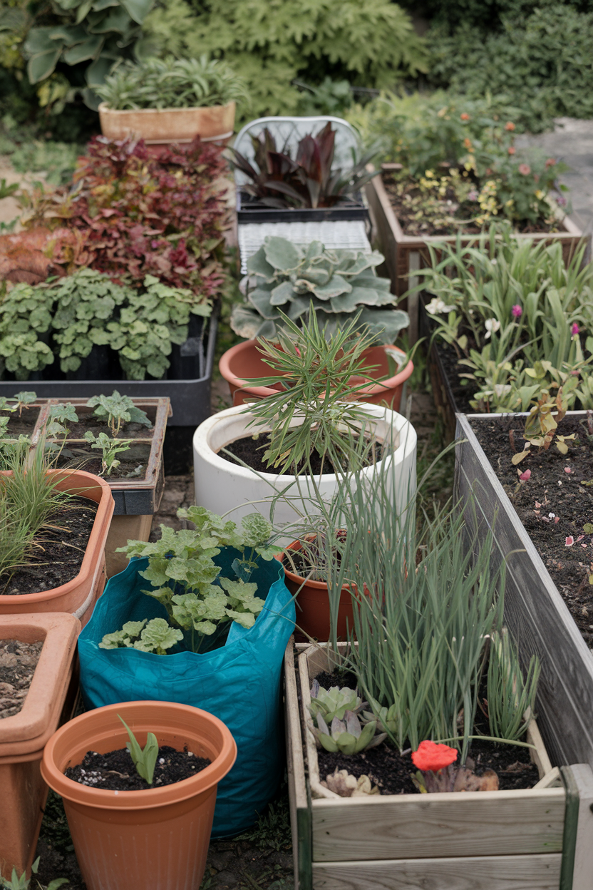 Various container types (terracotta, plastic, fabric grow bags, wooden planters) filled with different plants, arranged side by side