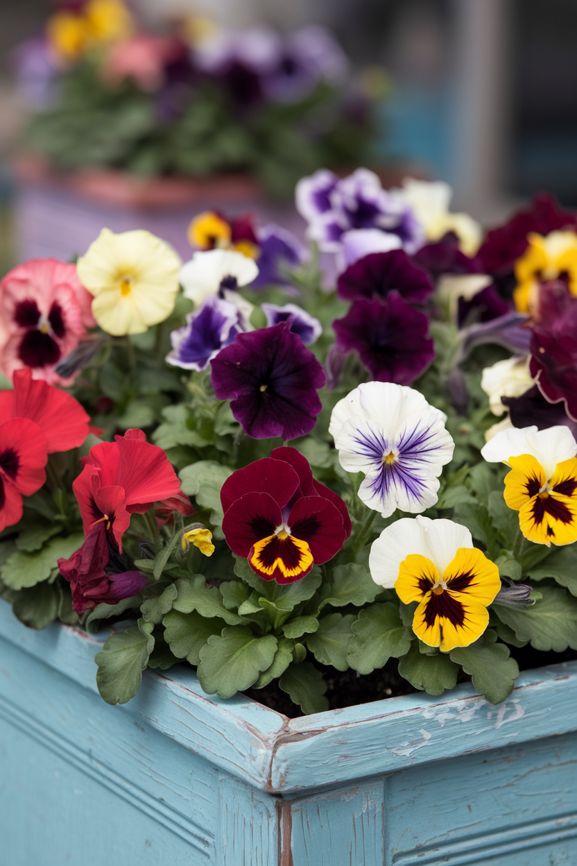 Close-up of a vibrant container filled with blooming pansies and petunias in various colors