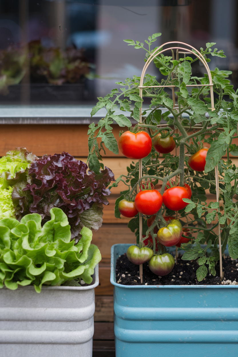 Two containers side by side - one with fresh lettuce and leafy greens, the other with a thriving tomato plant supported by a small trellis