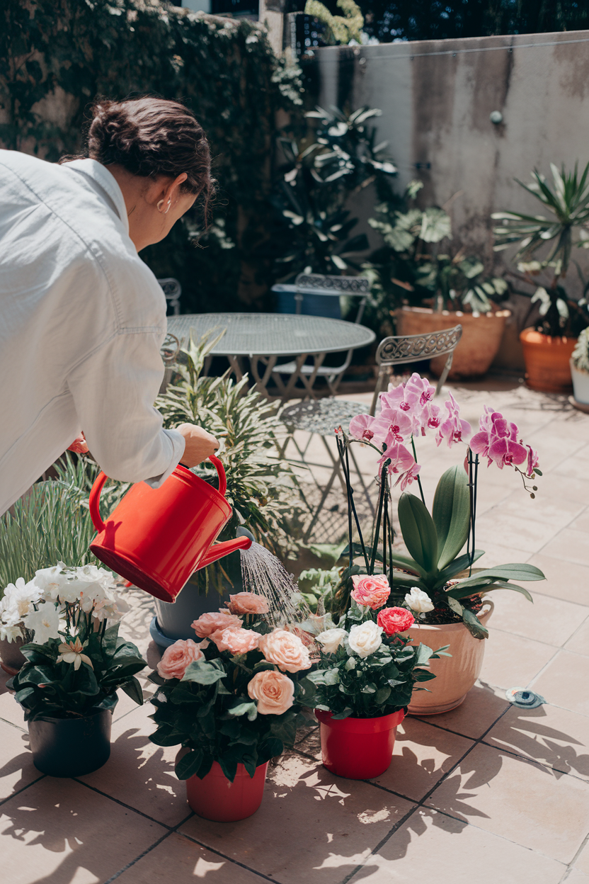 Person using a watering can to water a variety of potted plants on a sunny patio