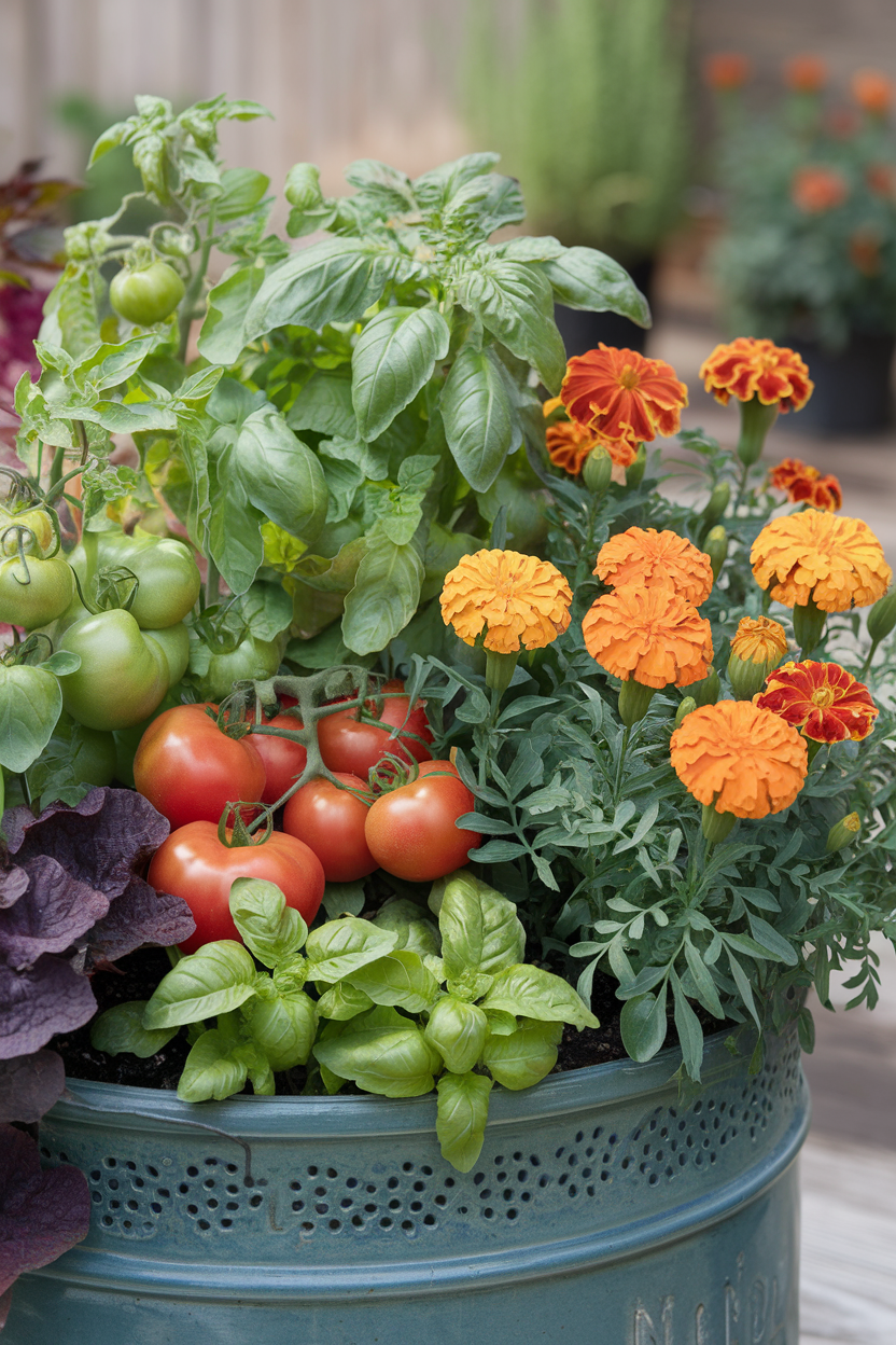 Large container showcasing companion planting with tomatoes, basil, and marigolds growing together harmoniously