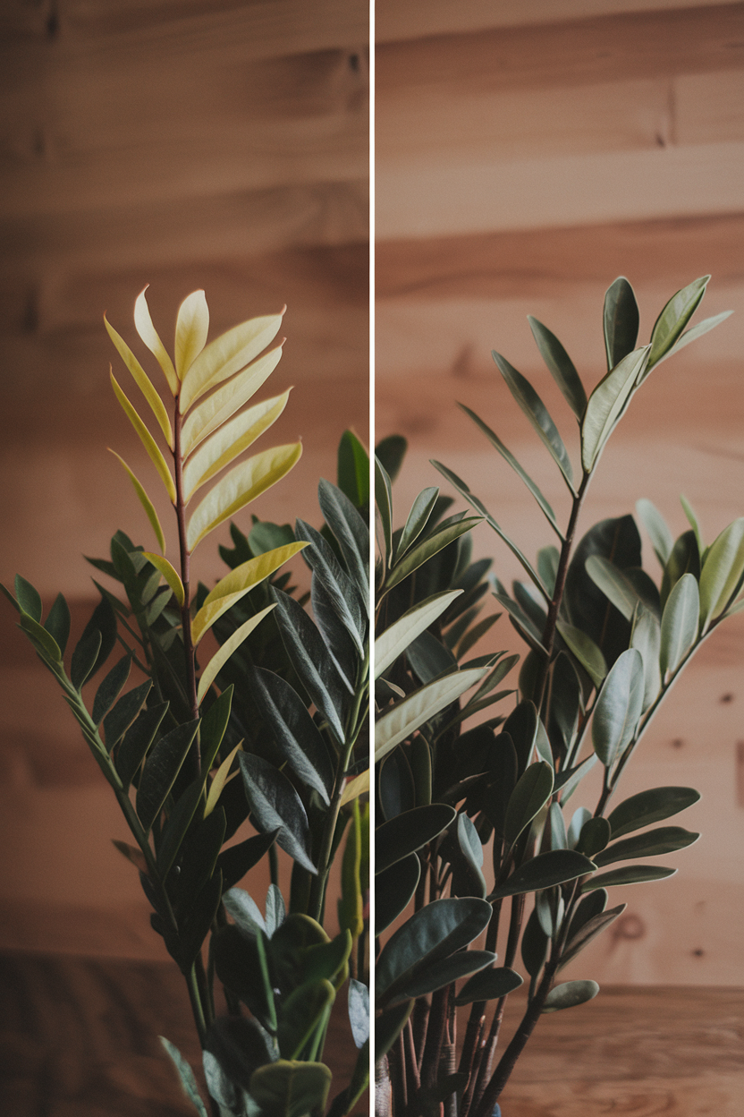 Split image: Left side showing a plant with yellowing leaves, right side displaying the same plant after treatment, looking healthy and vibrant