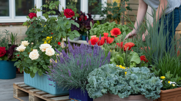 A beautiful, thriving spring container garden with a mix of flowers and vegetables, placed on a small patio or balcony with a person tending to the plants