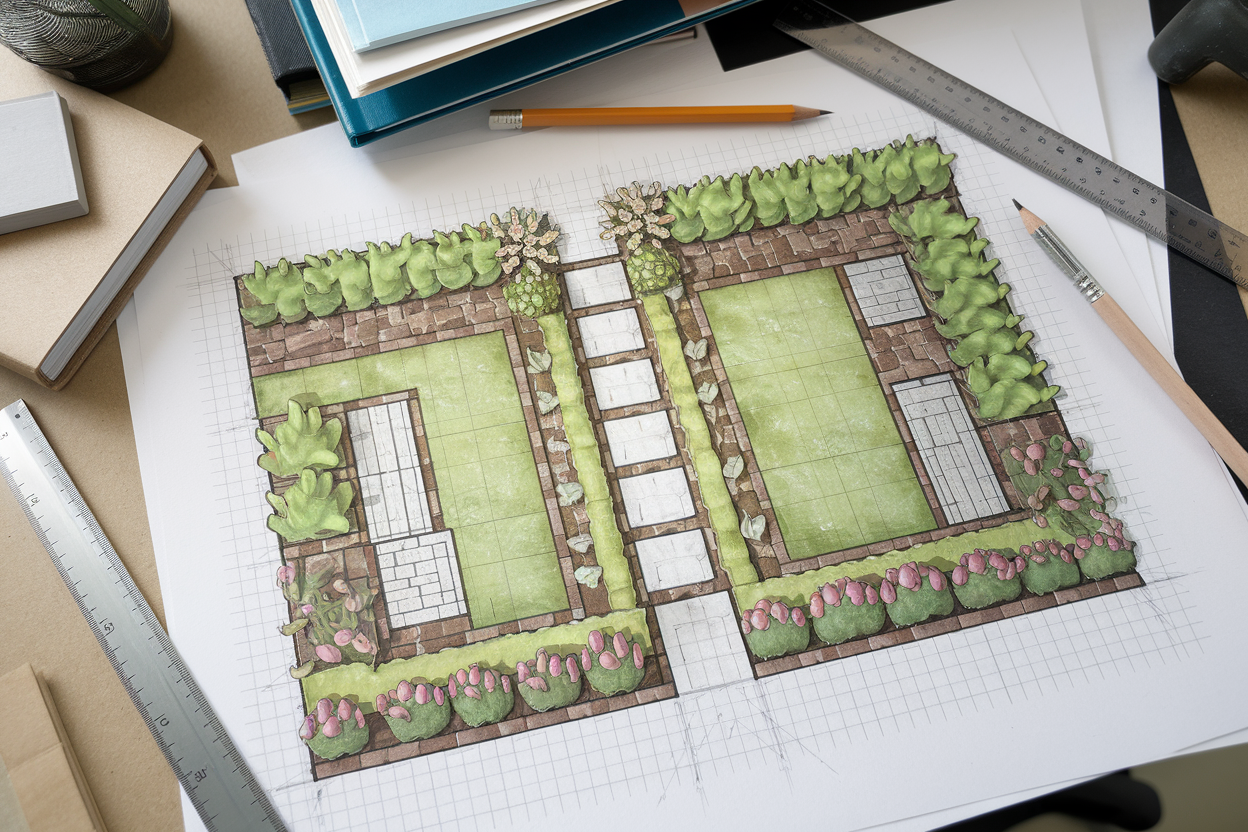 A top-down view of a garden layout sketch, featuring designated areas for various plants, pathways, and seating, with tools like rulers and pencils nearby