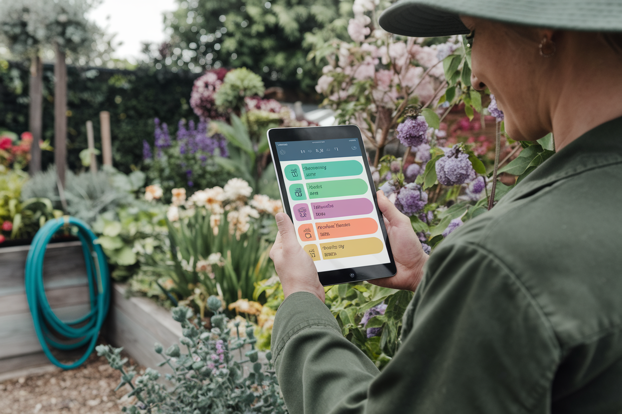 A gardener holding a tablet displaying a gardening app calendar, with reminders for watering, weeding, and fertilizing tasks