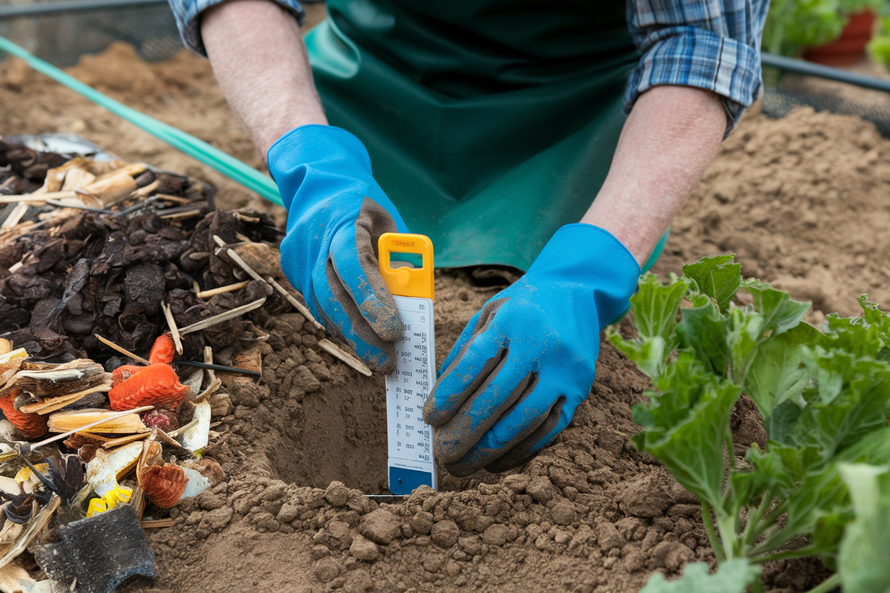 A gardener using a soil testing kit in a garden bed, with amendments like compost and organic matter ready for mixing into the soil