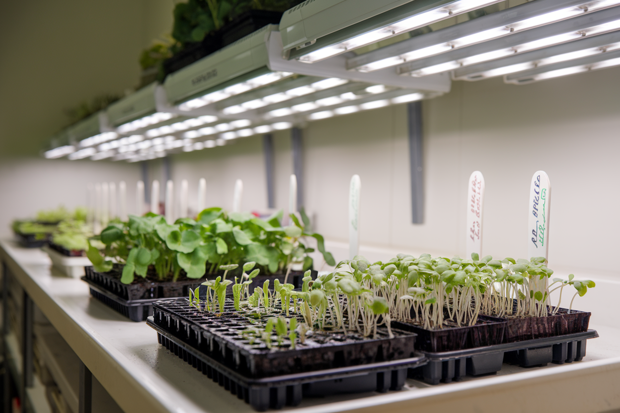 A well-lit indoor setup with seed trays filled with sprouting seedlings, accompanied by grow lights and labeled plant markers