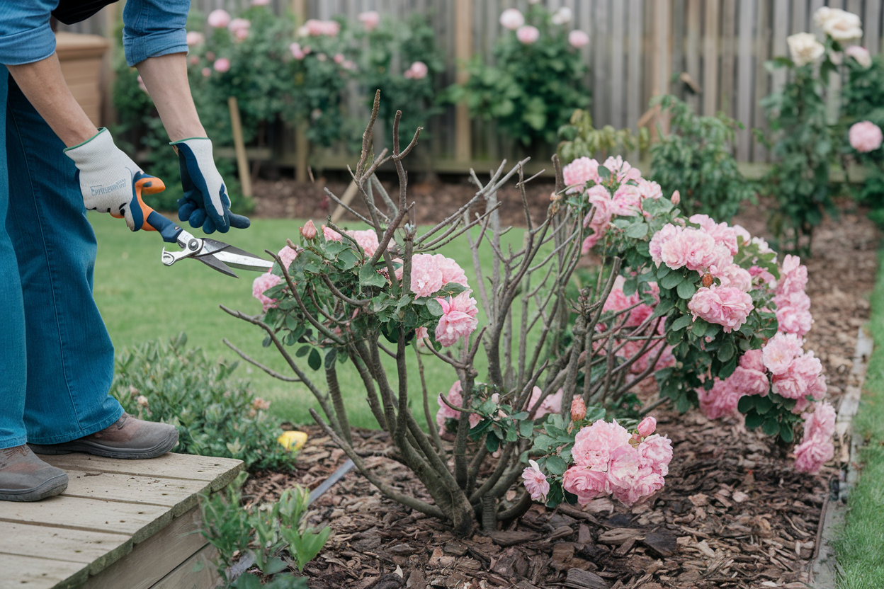 A gardener wearing gloves and using pruning shears to trim dead branches from a flowering shrub, with a tidy garden backdrop