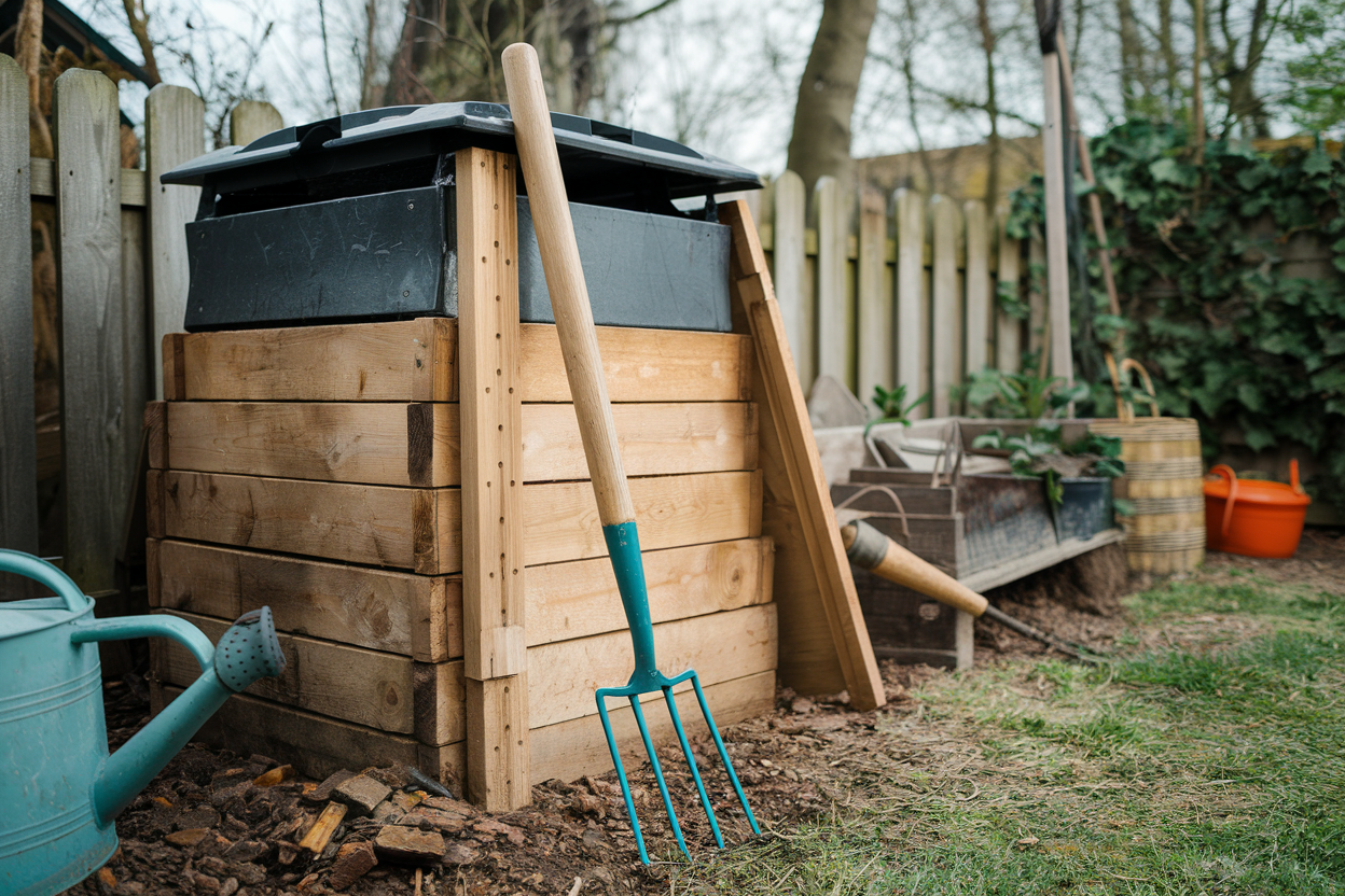 A backyard corner featuring a compost bin filled with layers of kitchen scraps and garden waste, with a pitchfork nearby for turning the compost.