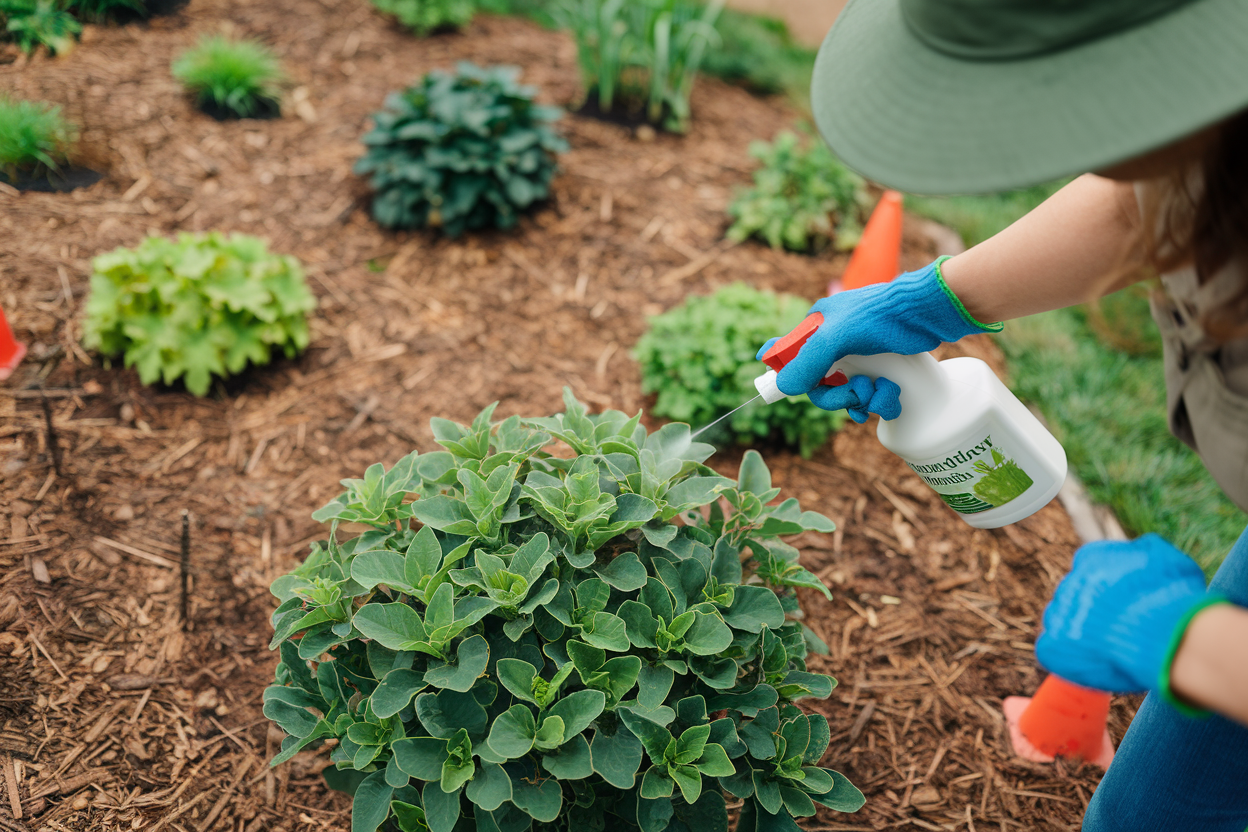 A close-up of a gardener applying natural pest repellent to plant leaves, with a background showing a weed-free, mulched garden bed.