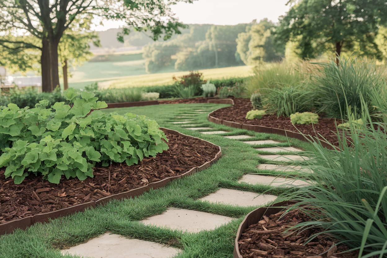 A garden path bordered by freshly applied mulch and neatly defined edges, enhancing the overall aesthetics of the garden